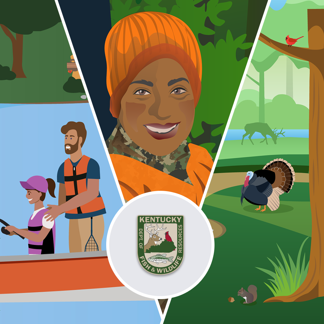 Graphic showing a fishing family, a hunter and a turkey in the wild